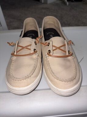 Sperry Cream Moccasin Boat Shoes with Tan Laces